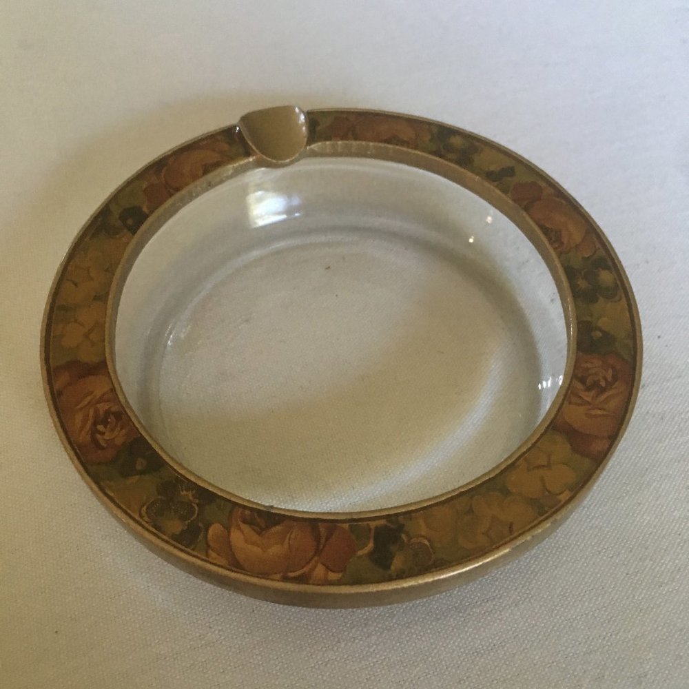 Vintage Clear Ashtray with Gold Floral Band 4"